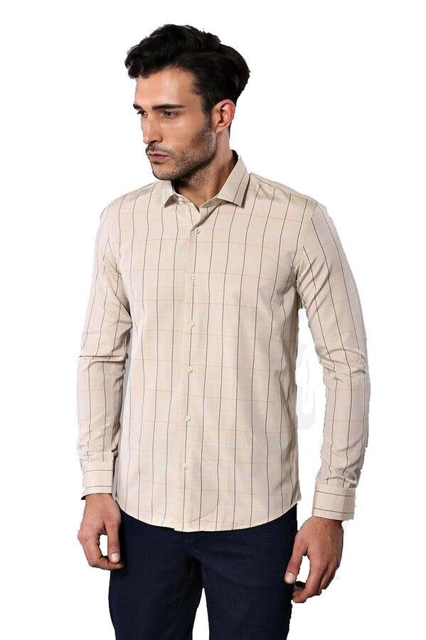 Beige Slim Fit Plaid Men's Shirt | Wessi