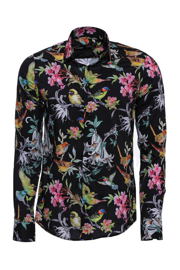 Camisa ajustada de manga larga con estampado de pájaros y flores para hombre, color negro - Wessi