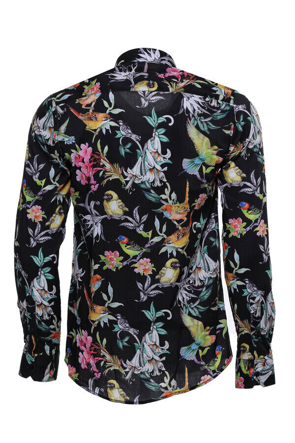 Camisa ajustada de manga larga con estampado de pájaros y flores para hombre, color negro - Wessi