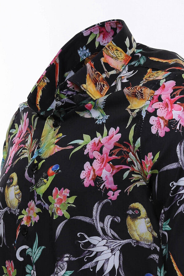 Birds And Flowers Patterned Slim Fit Long Sleeves Black Men Shirt - Wessi