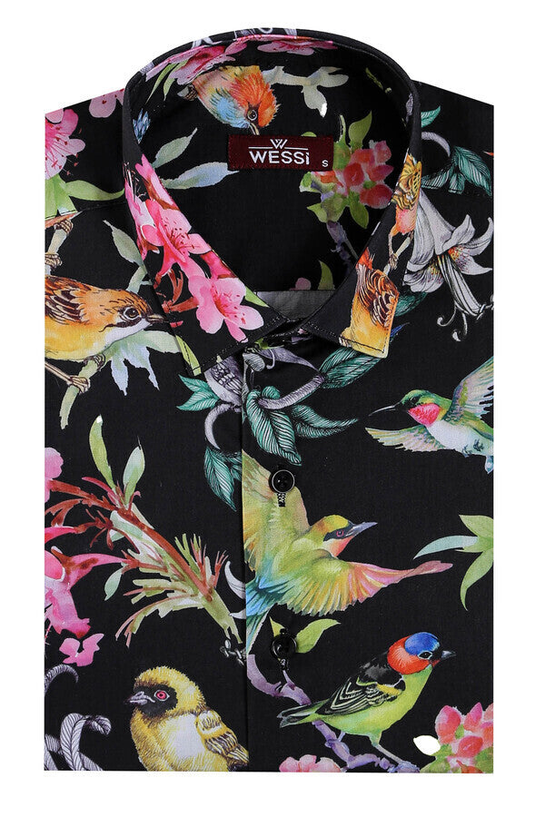 Birds And Flowers Patterned Slim Fit Long Sleeves Black Men Shirt - Wessi