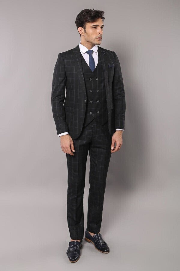 Black Checked 3 Piece Linen Suit | Wessi