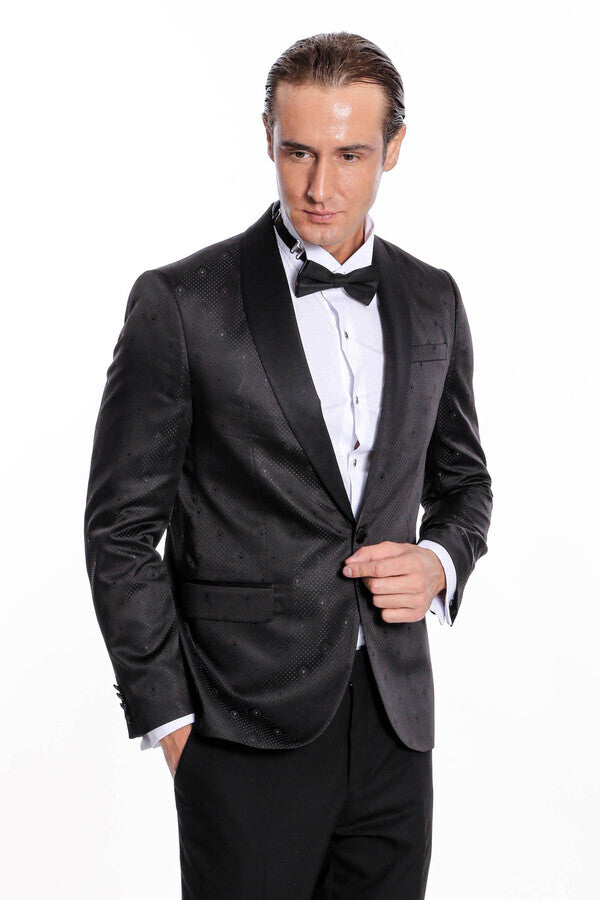 Dot Patterned Slim Fit Black Men Prom Blazer - Wessi