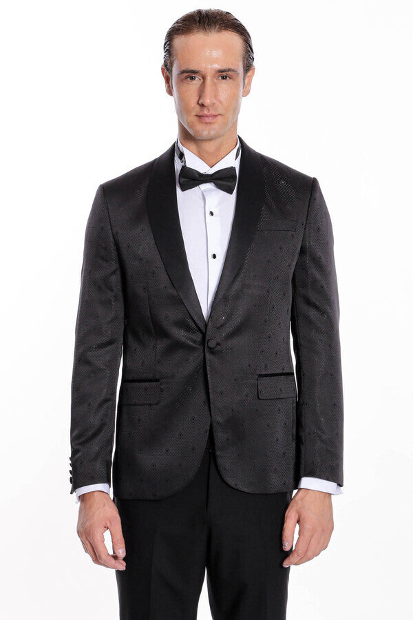 Dot Patterned Slim Fit Black Men Prom Blazer - Wessi