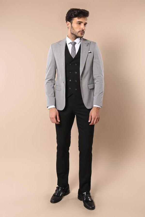 Traje de hombre gris con chaleco cruzado negro - Wessi