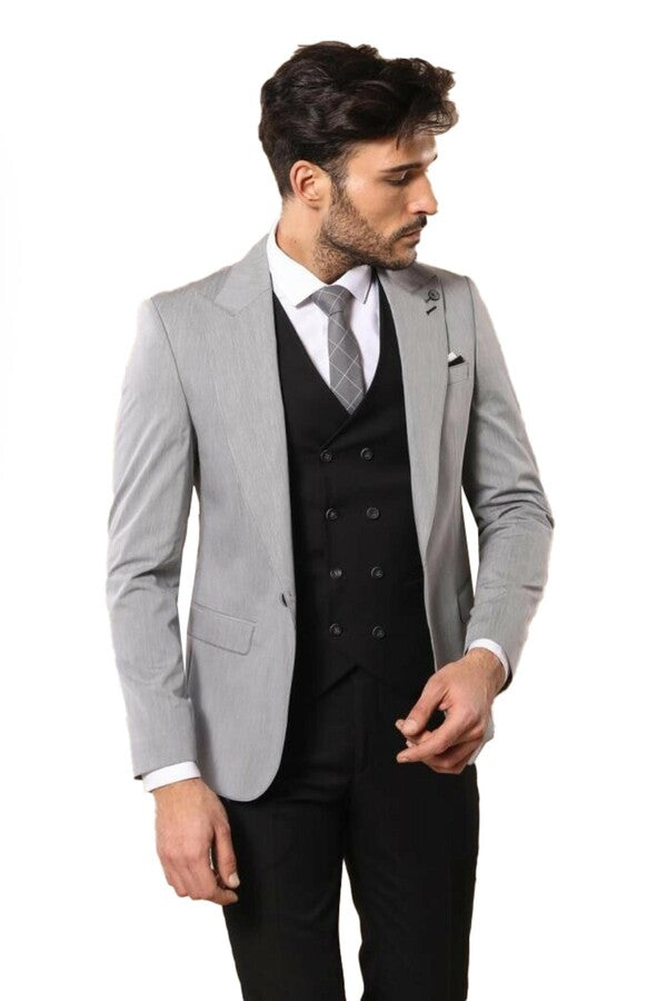 Traje de hombre gris con chaleco cruzado negro - Wessi