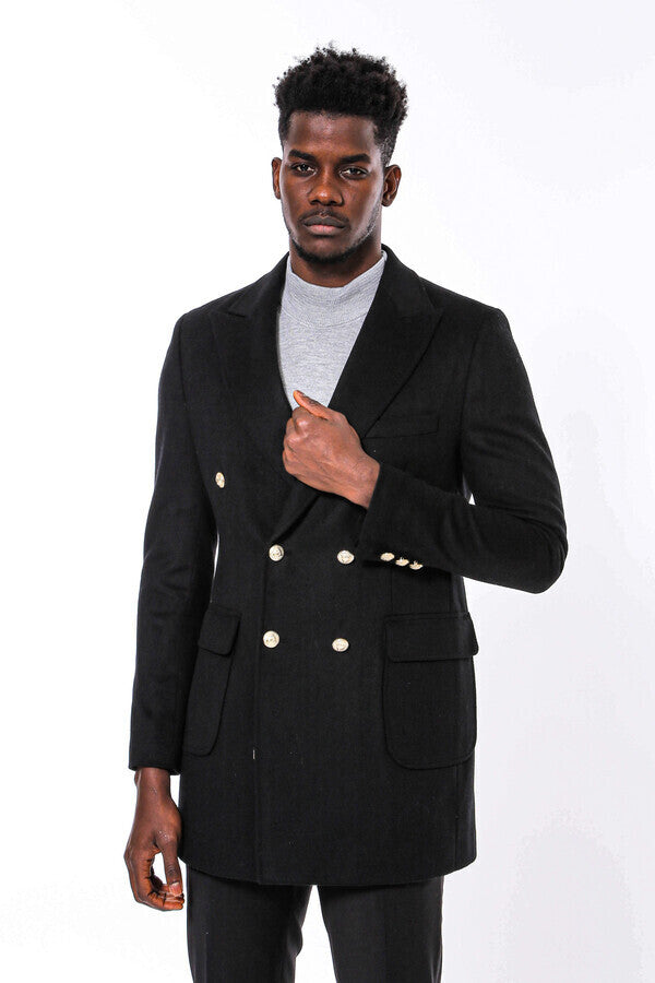 Metal Buttoned Double Breasted Black Men Long Coat - Wessi