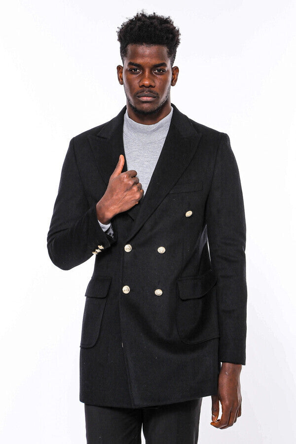 Metal Buttoned Double Breasted Black Men Long Coat - Wessi