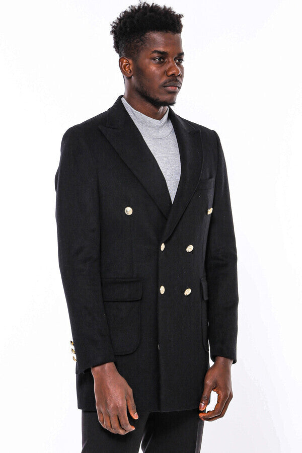 Metal Buttoned Double Breasted Black Men Long Coat - Wessi