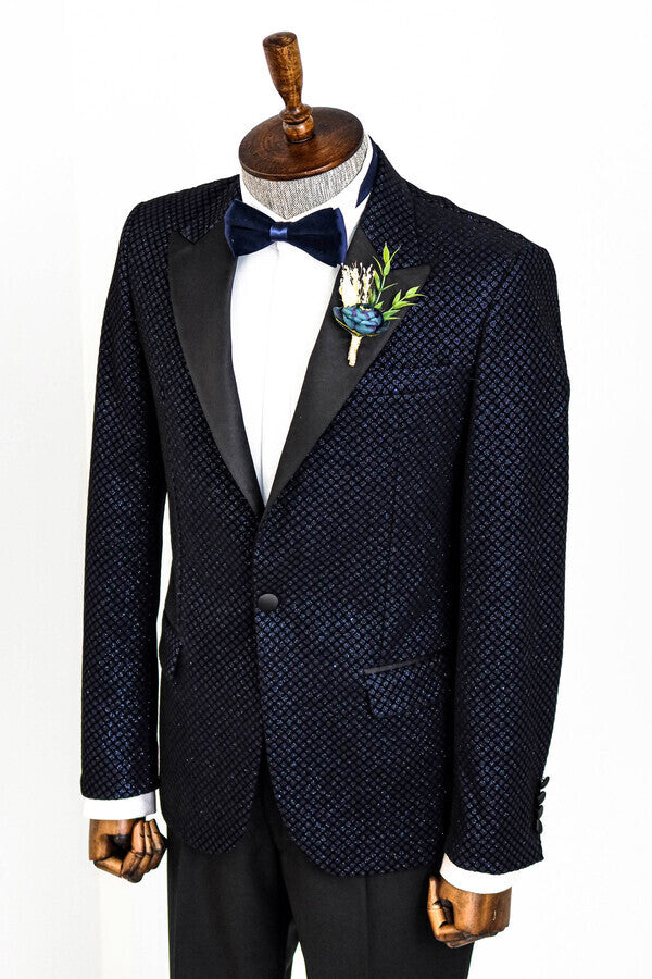 Black Patterned Over Navy Blue Men Prom Blazer - Wessi