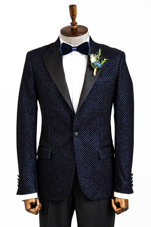 Black Patterned Over Navy Blue Men Prom Blazer - Wessi