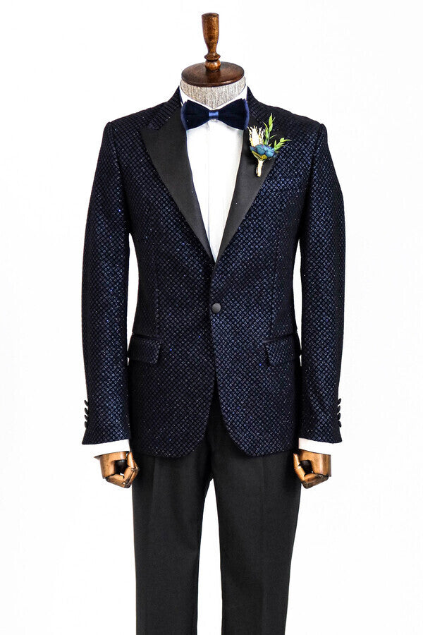 Black Patterned Over Navy Blue Men Prom Blazer - Wessi