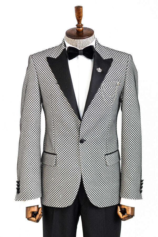 Black Patterned Over White Men Prom Blazer - Wessi