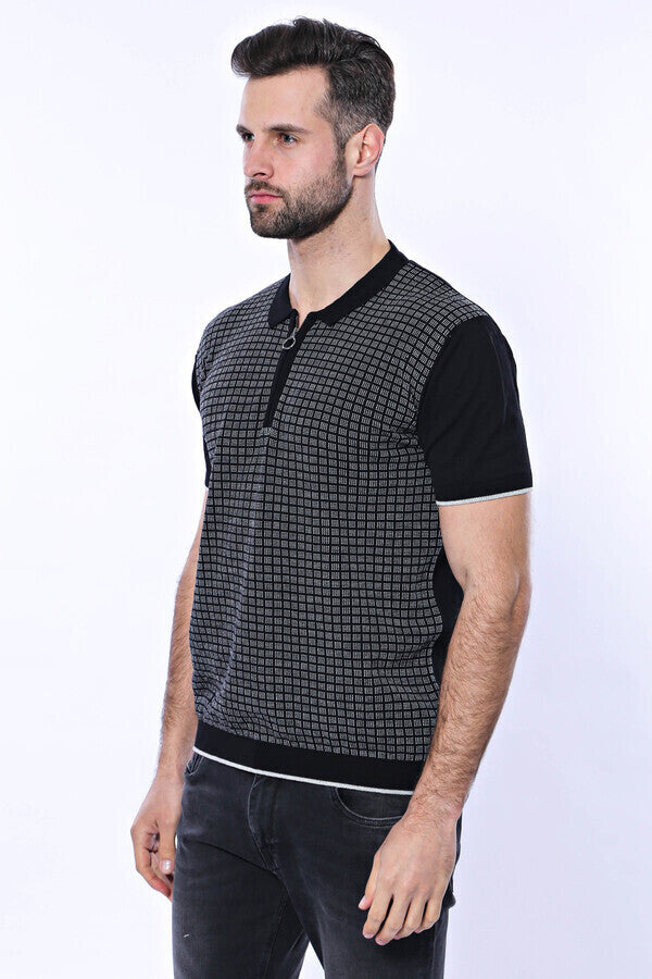 Black Plaid Zippered Polo Knitted T-Shirt | Wessi