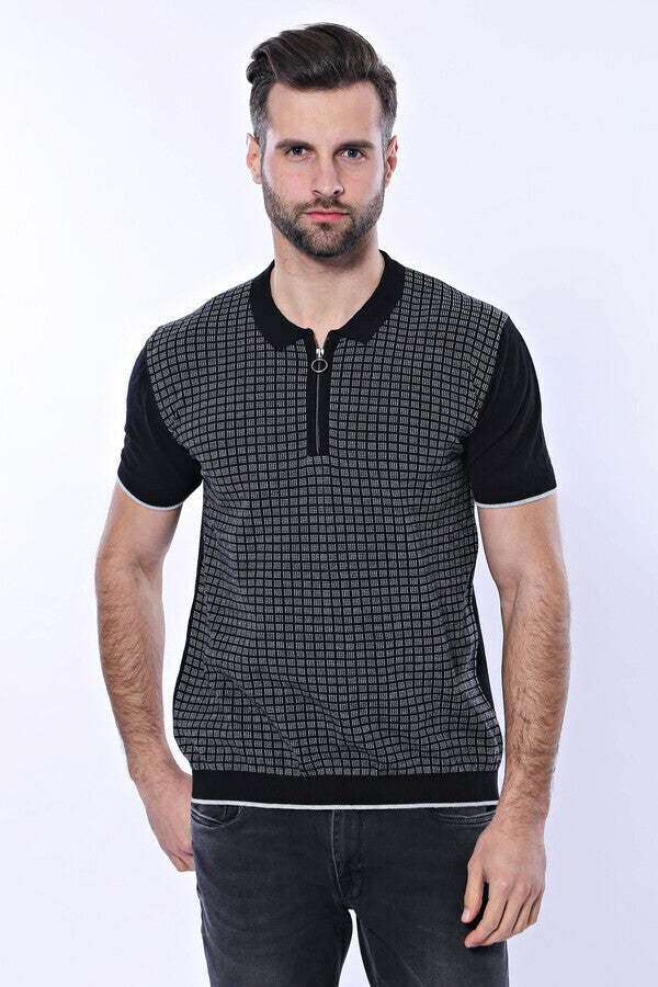 Camiseta polo de punto con cremallera y cuadros negros | Wessi