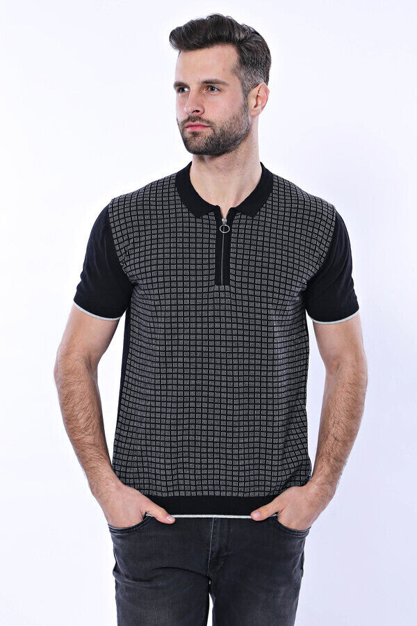 Camiseta polo de punto con cremallera y cuadros negros | Wessi