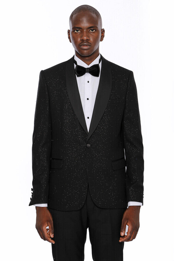 Black Shawl Lapel Sparkly Men Party Blazer - Wessi