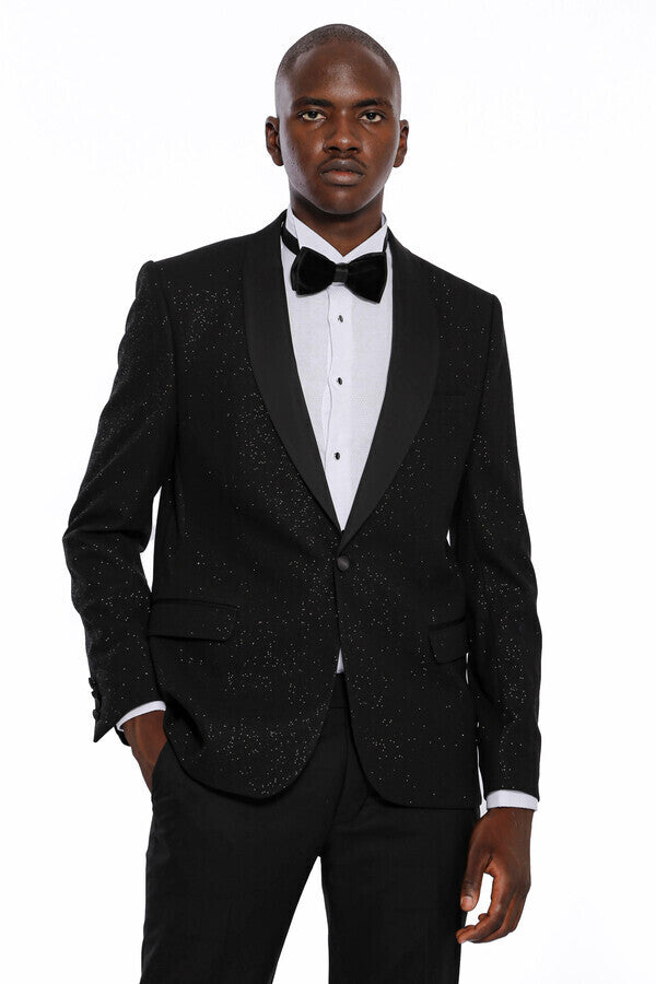 Blazer de fiesta para hombre con solapa chal negra brillante - Wessi