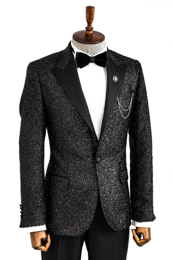 Black Tinsel Slim Fit Tuxedo Blazer - Wessi