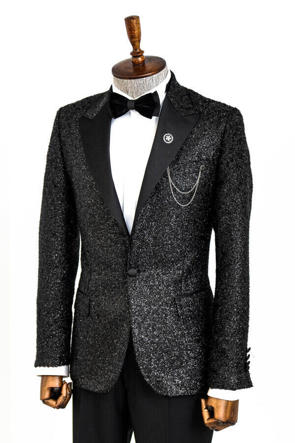 Black Tinsel Slim Fit Tuxedo Blazer - Wessi