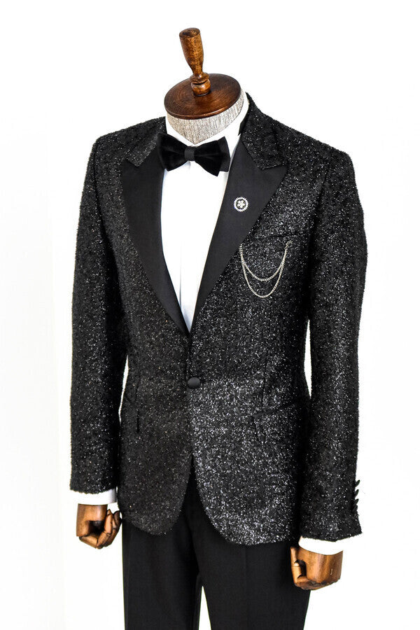 Black Tinsel Slim Fit Tuxedo Blazer - Wessi