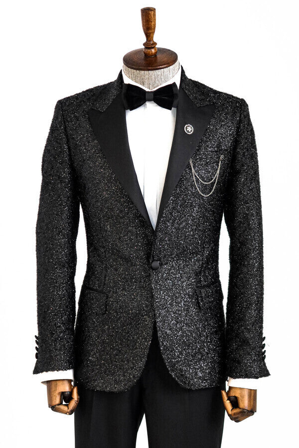 Black Tinsel Slim Fit Tuxedo Blazer - Wessi