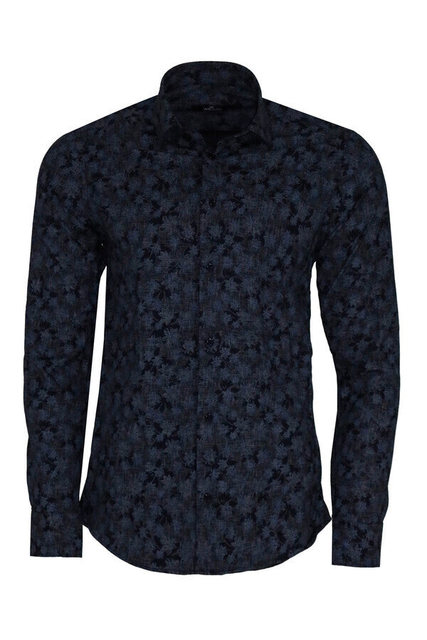 Camisa azul oscuro ajustada con estampado de flores - Wessi