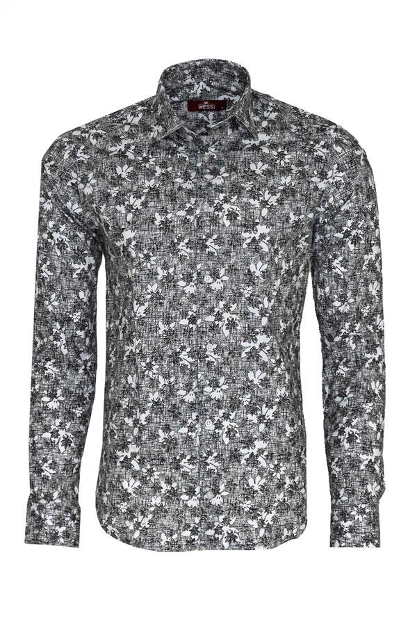 Bloom Patterned Dark Slim Fit Grey Men Shirt - Wessi