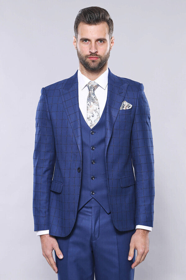 Blue Vested Suit With Plaid Blazer - Wessi