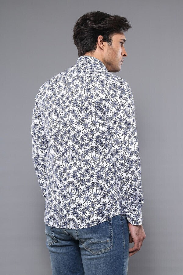 Blue Floral Patterned Long Sleeve White Men Shirt - Wessi