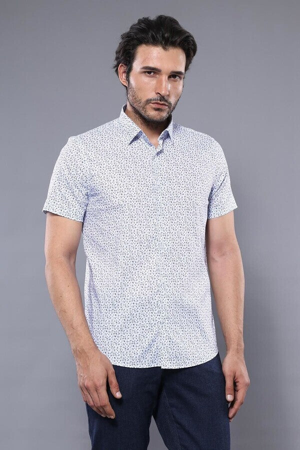 Blue Floral Patterned Short Sleeve White Men Shirt - Wessi