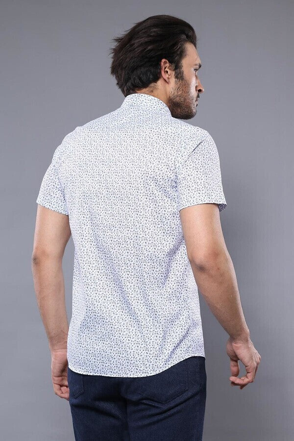 Camisa de hombre blanca de manga corta con estampado floral azul - Wessi