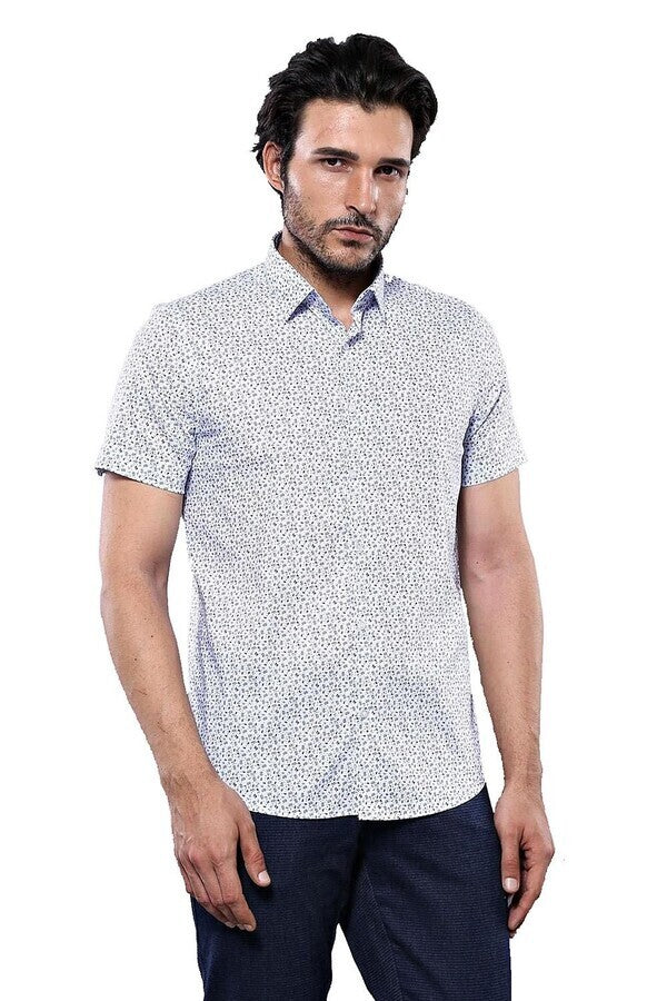 Camisa de hombre blanca de manga corta con estampado floral azul - Wessi