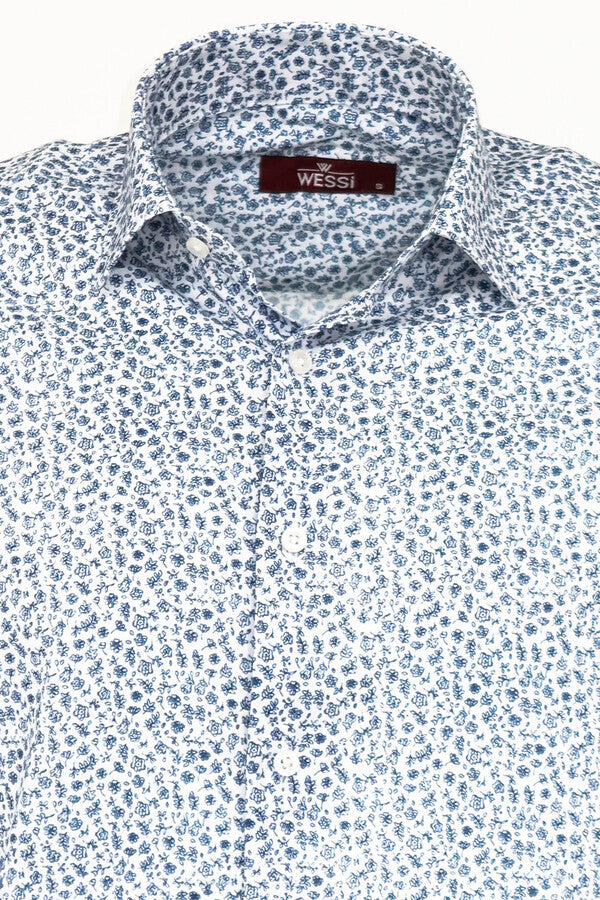 Camisa blanca ajustada con estampado floral azul para hombre - Wessi