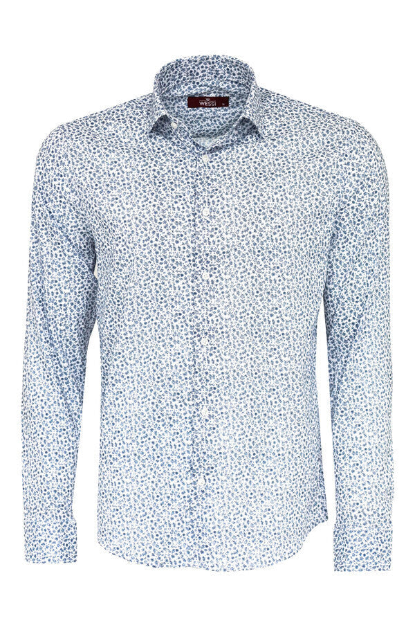 Camisa blanca ajustada con estampado floral azul para hombre - Wessi