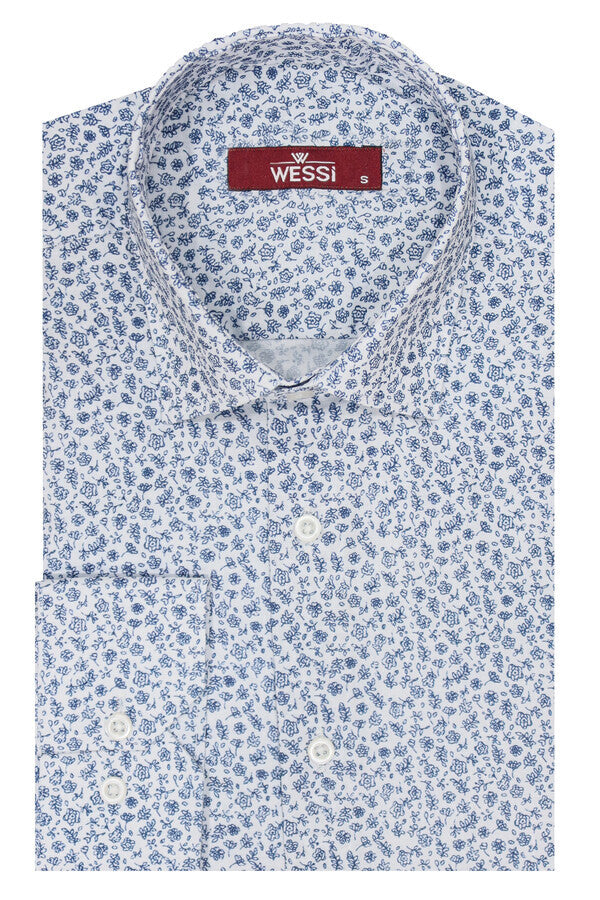 Blue Floral Patterned Slim Fit White Men Shirt - Wessi