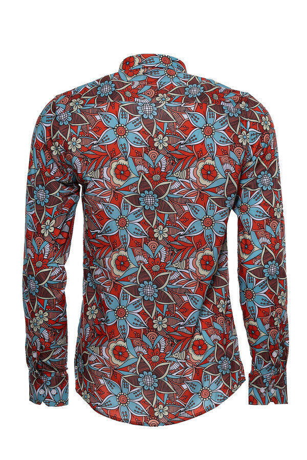 Camisa de hombre de manga larga entallada con estampado floral azul y rojo - Wessi