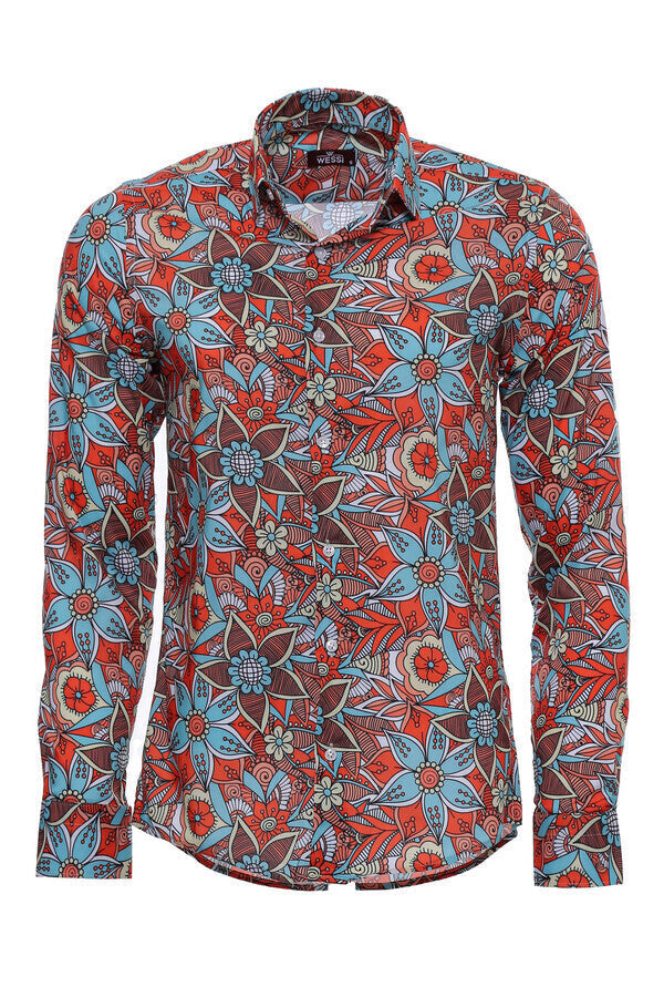 Camisa de hombre de manga larga entallada con estampado floral azul y rojo - Wessi