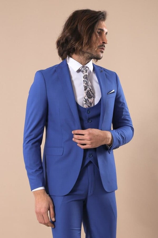 Blue Men's Plain Suit with Vest - Wessi