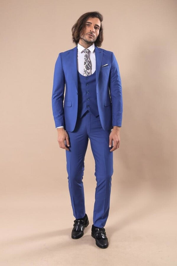 Blue Men's Plain Suit with Vest - Wessi