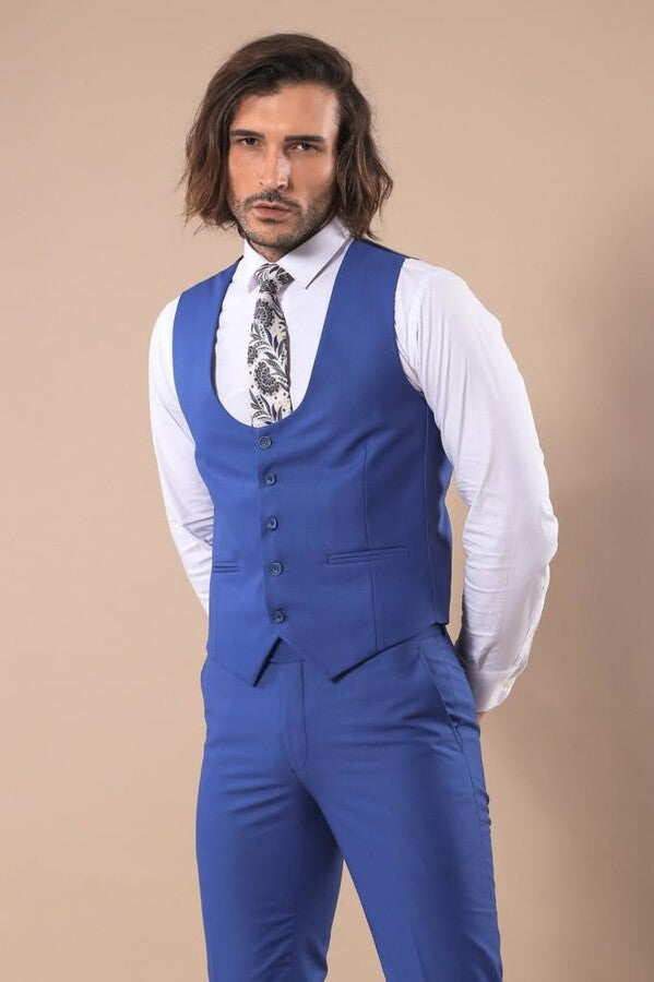 Traje azul liso para hombre con chaleco - Wessi