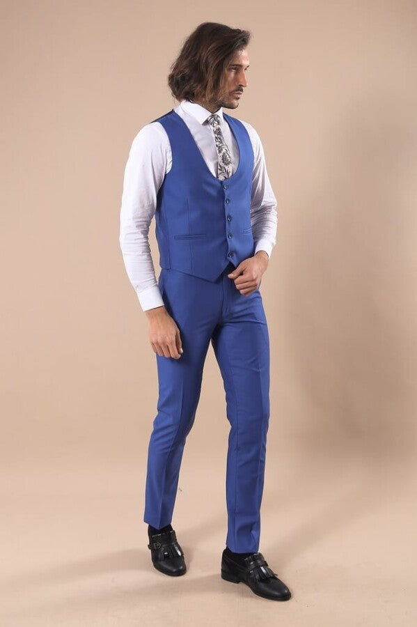 Traje azul liso para hombre con chaleco - Wessi