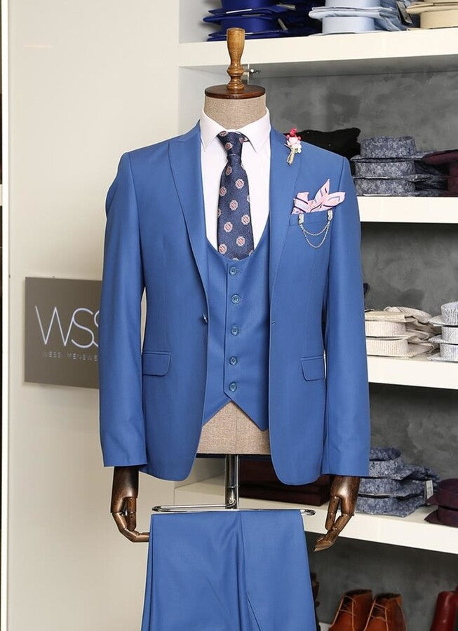 Blue Men's Plain Suit with Vest - Wessi