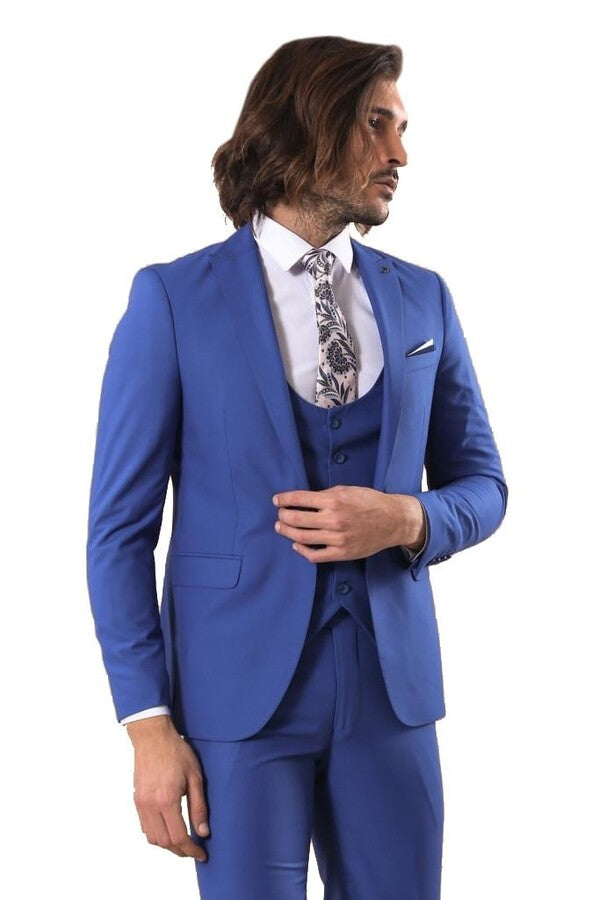 Traje azul liso para hombre con chaleco - Wessi