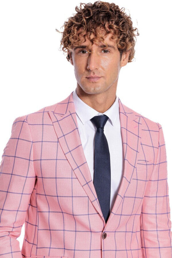 Blue Plaid Patterned Slim Fit Pink Men Blazer - Wessi