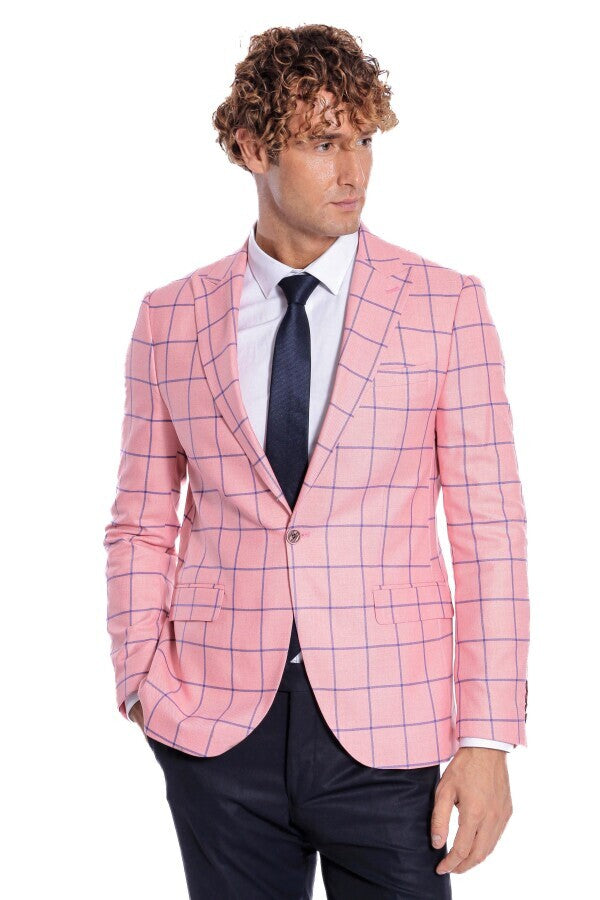 Blue Plaid Patterned Slim Fit Pink Men Blazer - Wessi