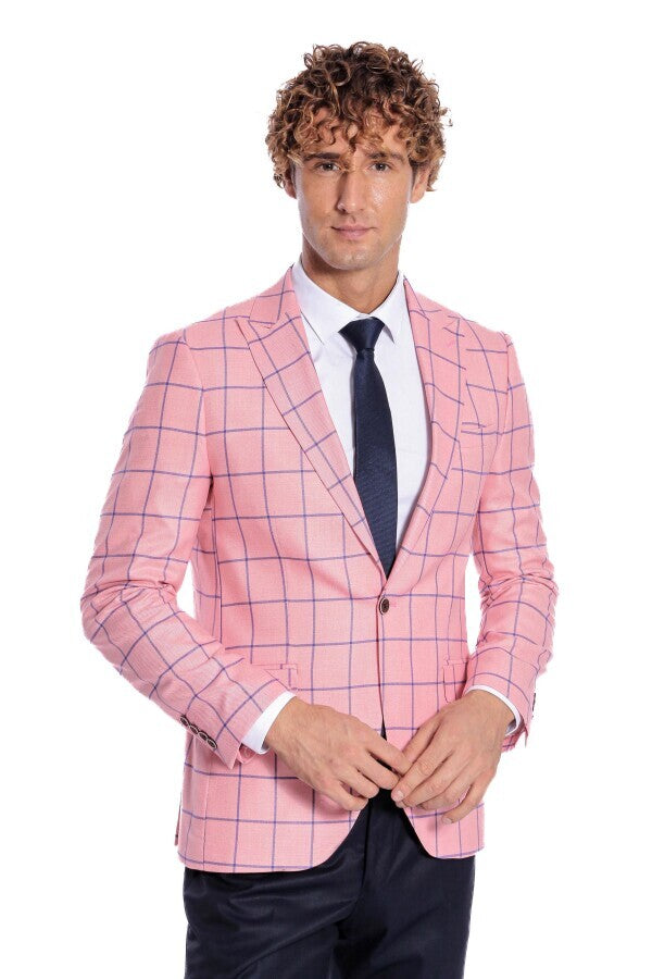 Blazer ajustado de color rosa con estampado de cuadros azules para hombre - Wessi