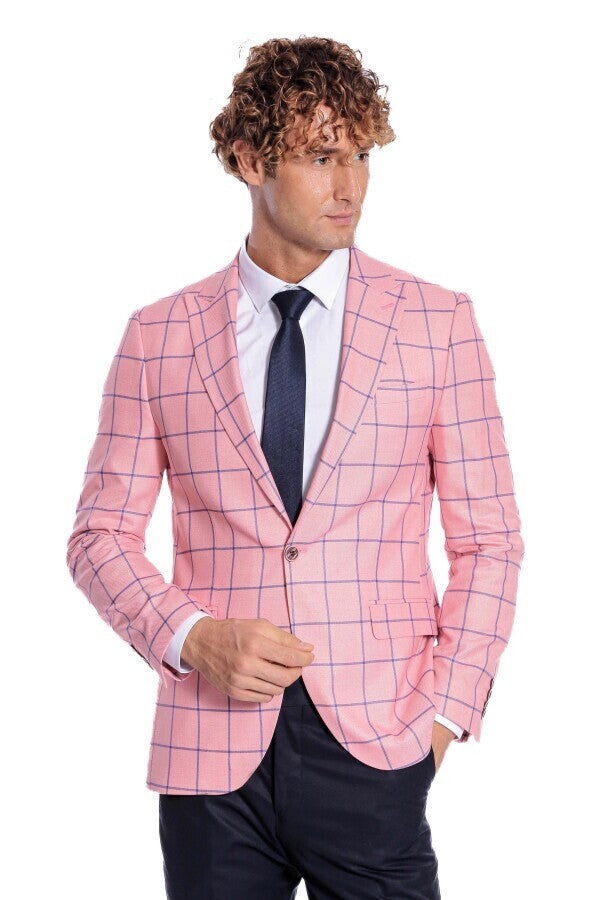 Blazer ajustado de color rosa con estampado de cuadros azules para hombre - Wessi