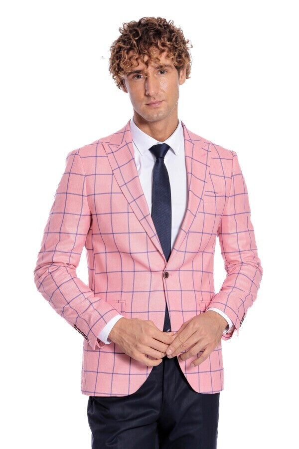 Blazer ajustado de color rosa con estampado de cuadros azules para hombre - Wessi