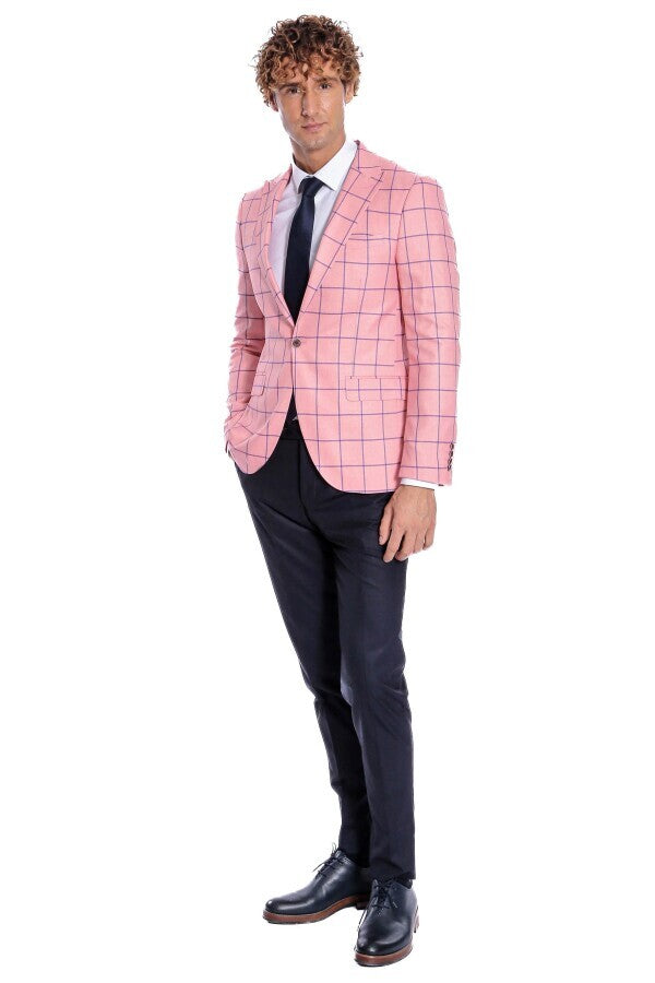 Blazer ajustado de color rosa con estampado de cuadros azules para hombre - Wessi